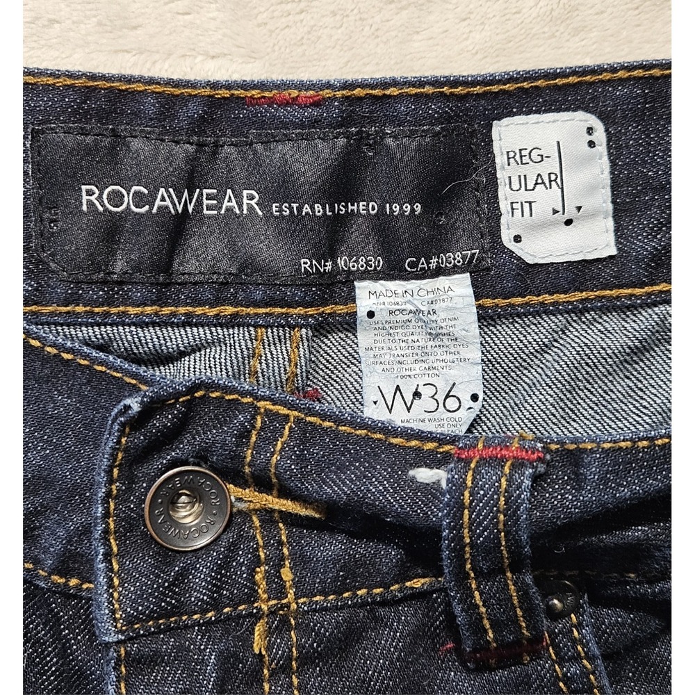 Rocawear Jeans Mens 36 Regular Fit Dark Wash Y2K Hip Hop Denim Pants Flap Pocket - Picture 3 of 10